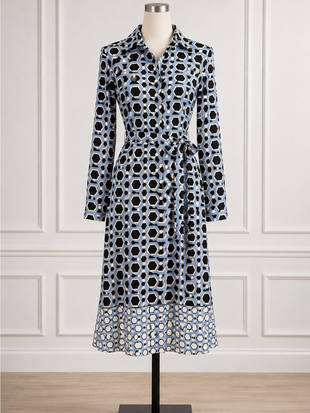 Luxology Blue and Black Geometric Midi Shirt Dress XL